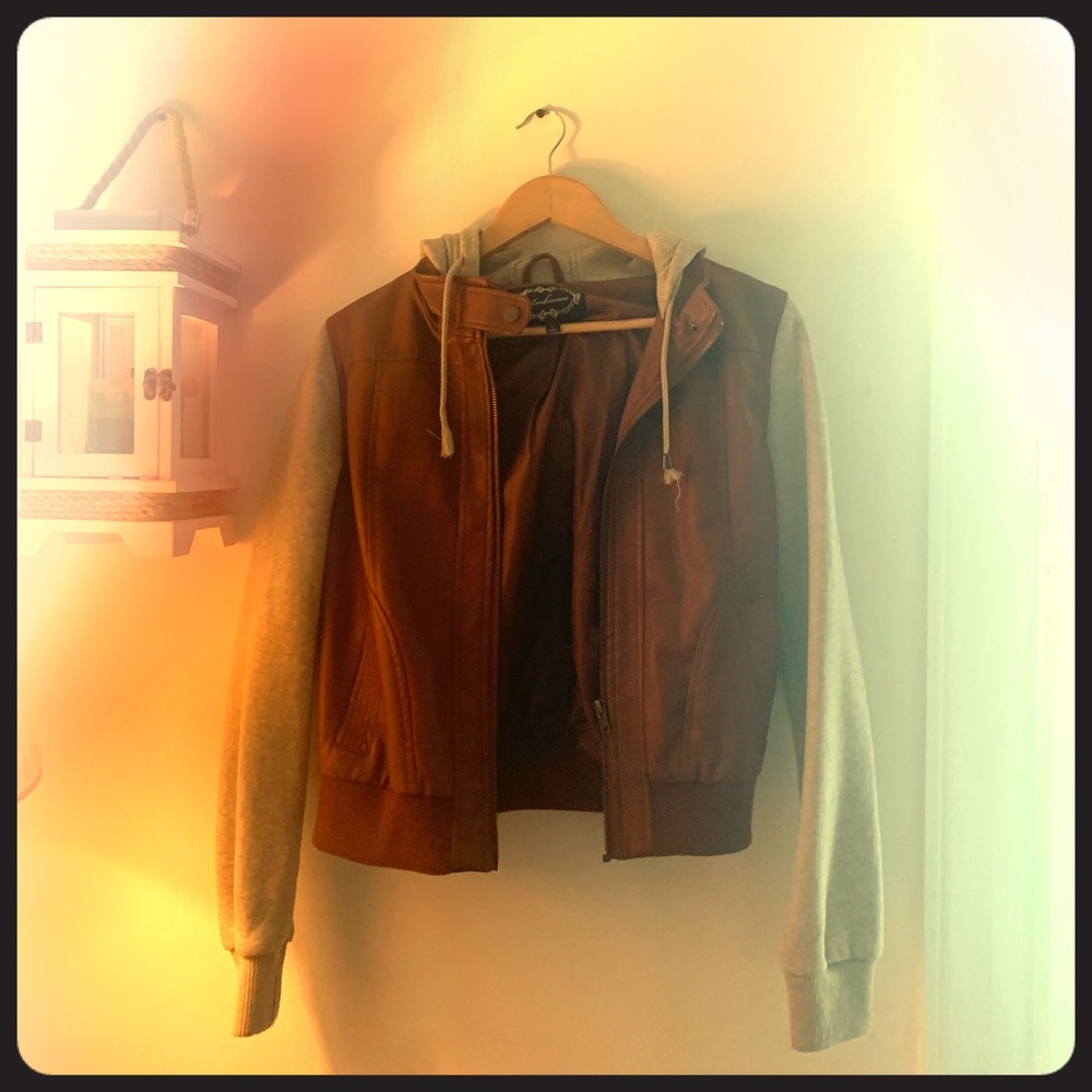 Brown and red faux leather hoodie